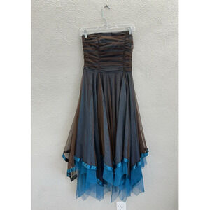 Water Signs Juniors Dress Size 9/10 Brown Blue Strapless Layered Homecoming VTG